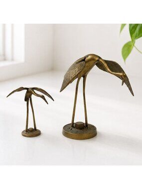 Set Of Two Vintage Brass Crane Sculptures Ornamental Bird Figurines Mid-Century